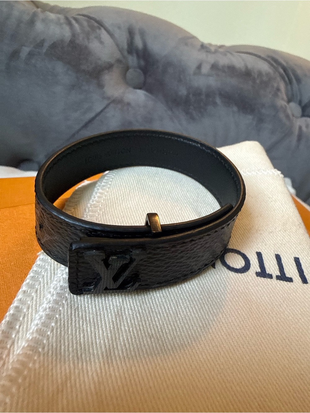 Louis Vuitton Black Leather Monogram Cuff Bracelet full inclusion